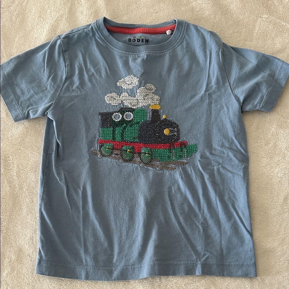 Mini Boden Blue Short-Sleeve Tee with Train
